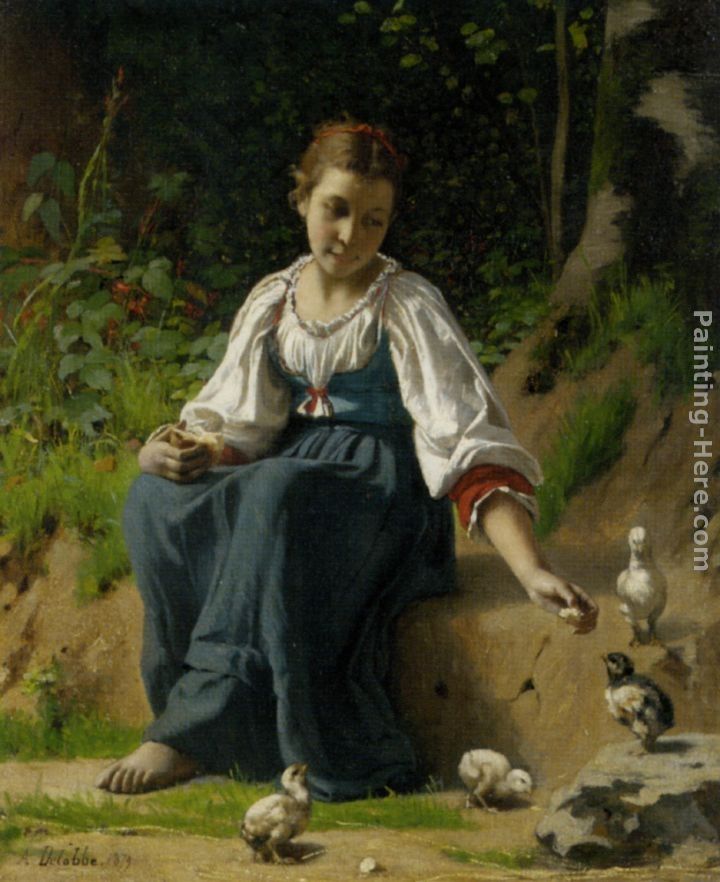 Francois Alfred Delobbe Young Girl Feeding the Baby Chicks